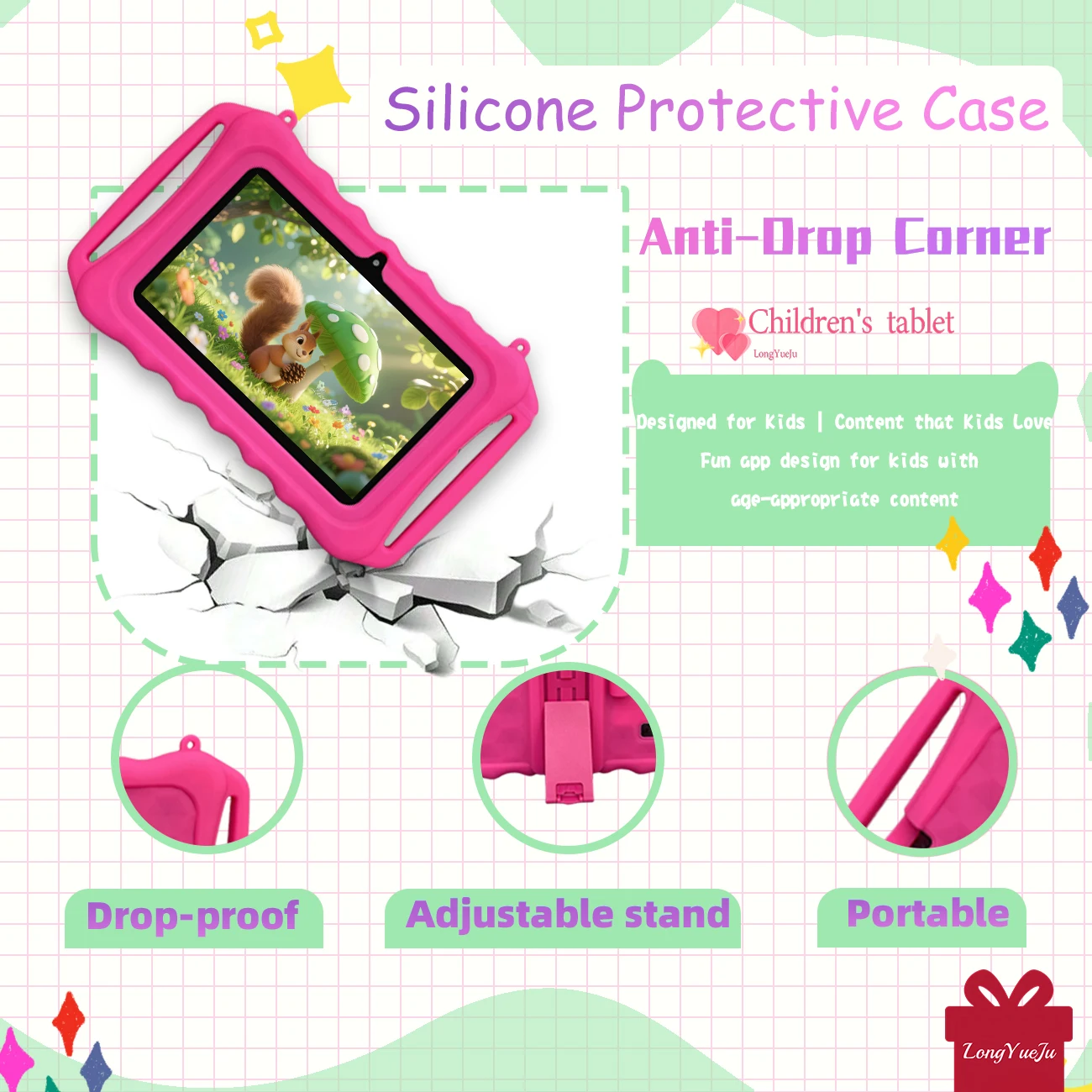 새로운 어린이용 태블릿 7인치 안드로이드 12 2GB 램 32GB 롬 1024 x 600 IPS HD 화면 와이파이 블루투스 듀얼 카메라 학부모 관리 기능