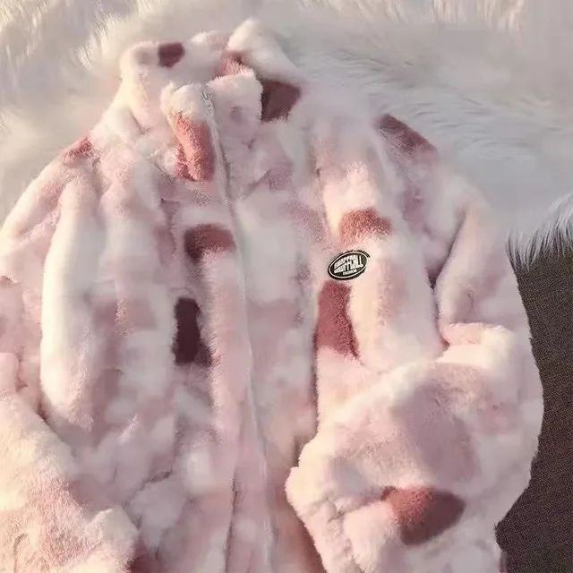 New Women's Tie Dye Lamb Fleece Jacket Autumn Winter Zipper Outerwear Warm Plush Jackets Harajuku Casual Loose Female Thick Coat 5