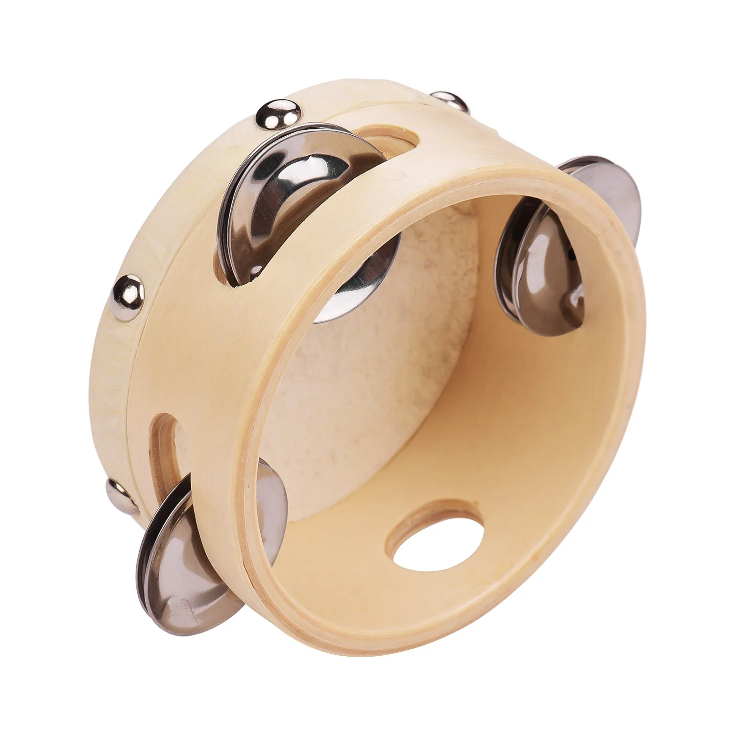 4 Inch Hand Tambourine with Metal Single Row Jingles Sheepskin Drum Skin Wooden Tambourines Entertainment Musical Timbrel Adult