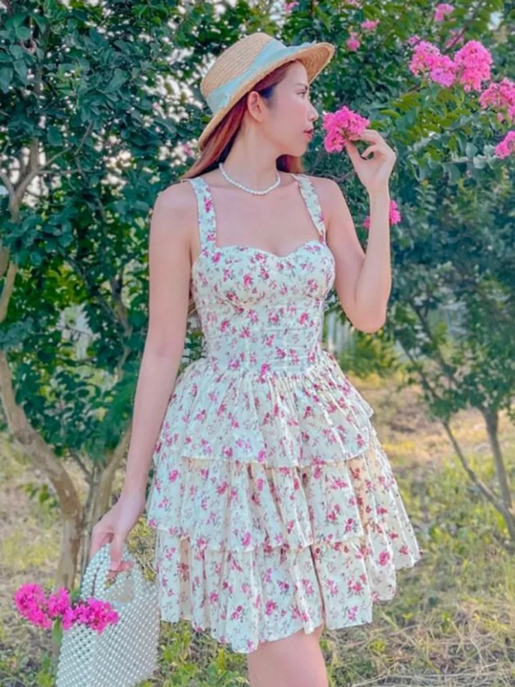 

HH TRAF Summer Women's Sweet Floral Printed Mini Dress Flowy Pleated Mini Swing Dress Female Elegant Tank Sleeveless Dresses