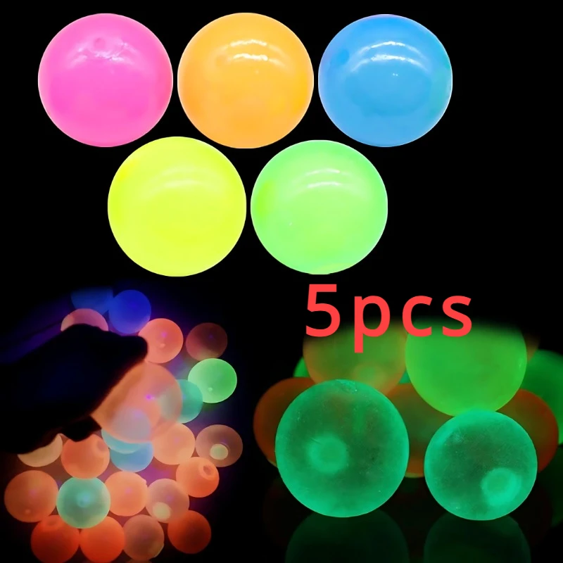 

5PCS Luminous Sticky Wall Suction Ball High Bouncing Rubber Balls Multi-color Glowing in The Dark Decompression Squeeze Toy