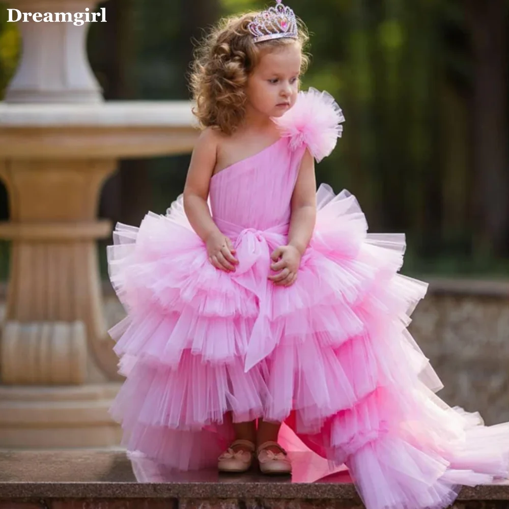 

Dreamgirl Cute Pink Flower Girl Dresses One Shoulder Backless Tiered Pleat Bow Ruffles Court Train فساتين اطفال فساتين الطفل