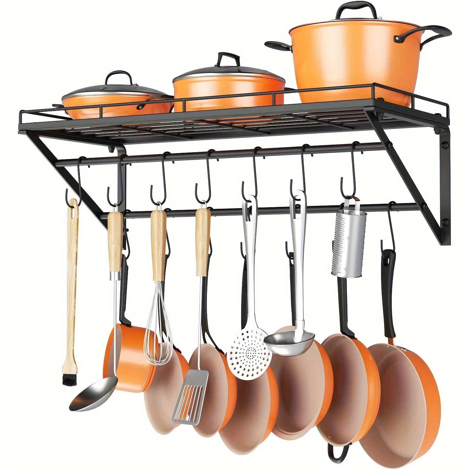 

1pc Pot Rack, 31inch Wall Mounted Pot Rack Storage Shelf With 2 Tier Hanging Rails 14 S Hooks Included,