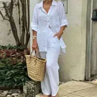 Summer Cotton Linen Casual Home 2 Piece Set For Women 2025 Fashion White Long Sleeve Shirt And Shorts Two Piece Sets Tracksuit