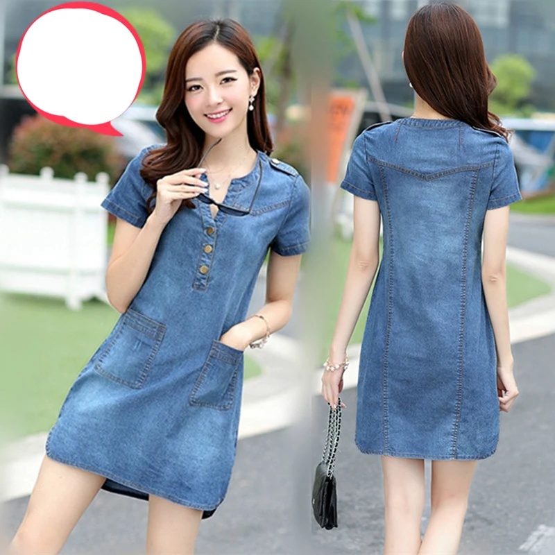 

Plus Size 5XL Summer Style Denim Dresses Women V-Neck Short Sleeve Slim Jeans Dress With Pockets Vestidos Women Clothing