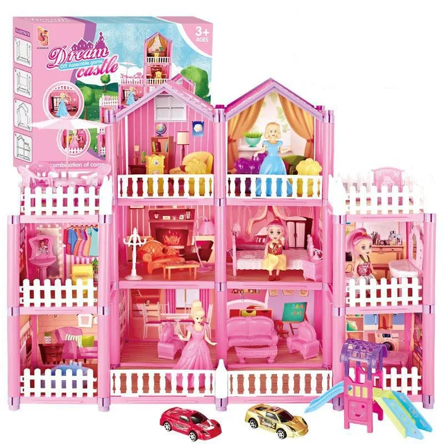 Princess Big Villa DIY Dollhouses Pink Castle Play House With Slide Yard Kit Assembled Doll House Toy Birthday Gift Kitchen Item 1