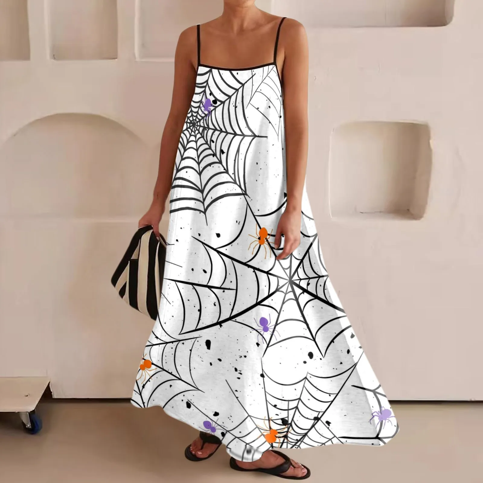 thumbnail image 1 of Vestido largo de moda para mujer con ribete en contraste, tirantes finos, trajes para viajes, Halloween, vestidos largos estampados, vestidos largos sin mangas, 1 of 5