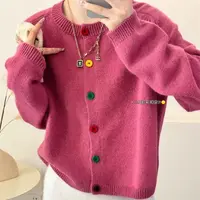 Japanese Sweet and Fresh Round Neck Colorful Button Knitwear Coat Academy Style Western Versatile Sweater Women's Cardigan 1