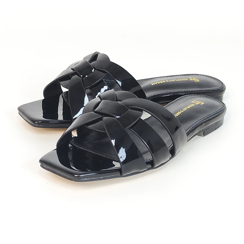 Quality Women's Slippers Tendency Luxury Designer Leather Falt Heel Casual Slippers Slides Ladies Office Sandals Black Shoes 44