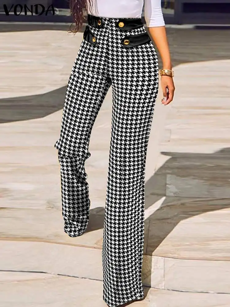 

VONDA Women High Waist Buttons Wide Leg Pants 2023 Elegant OL Trousers Plicornis Printed Vintage Pantalon Casual Zipper Pants