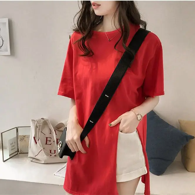 Women T-shirts 2023 Summer Short Sleeve O Neck Loose Tees Hem Slit Solid Color Chic Casual Streetwear Tops - 5