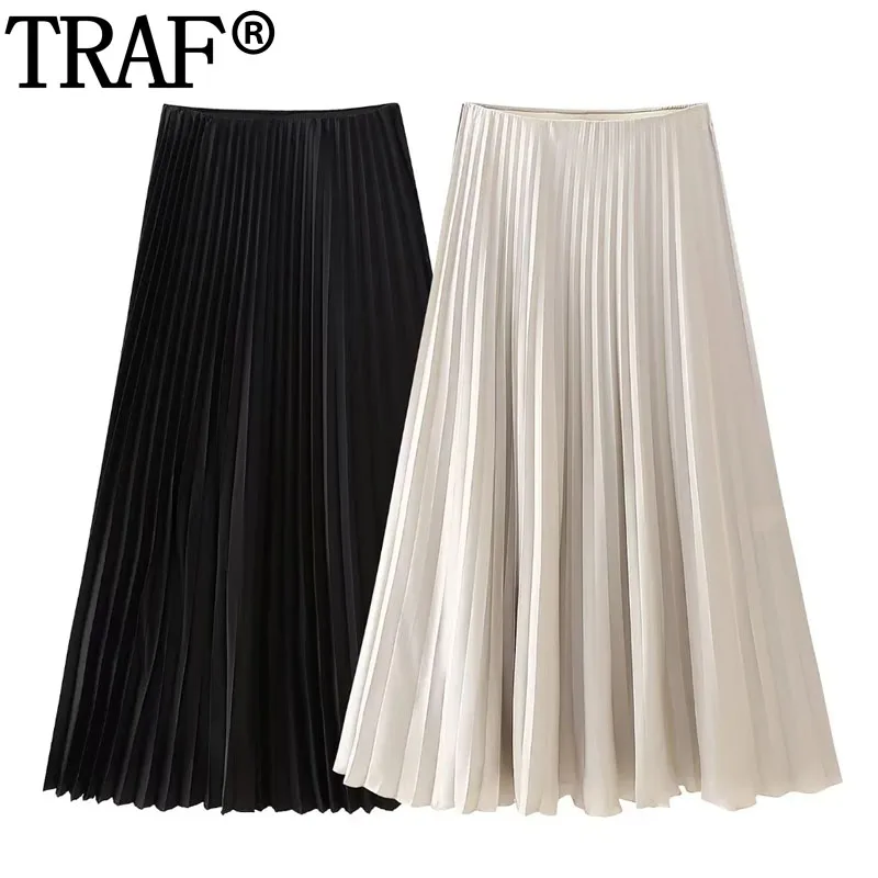 

TRAF Pleated Long Skirts For Women High Waist Satin Black Skirt Woman Beige Elegant Social Women's Skirts Ruched Midi Skirt