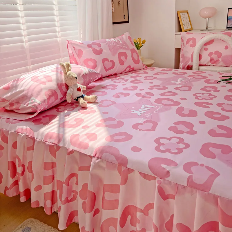 1PC Pink Leopard Print Bed Cover Bed Mattress Lace Bed Skirt Single Ful Queen King Size Bedsheets Skirts (Pillowcase Need Order) 3