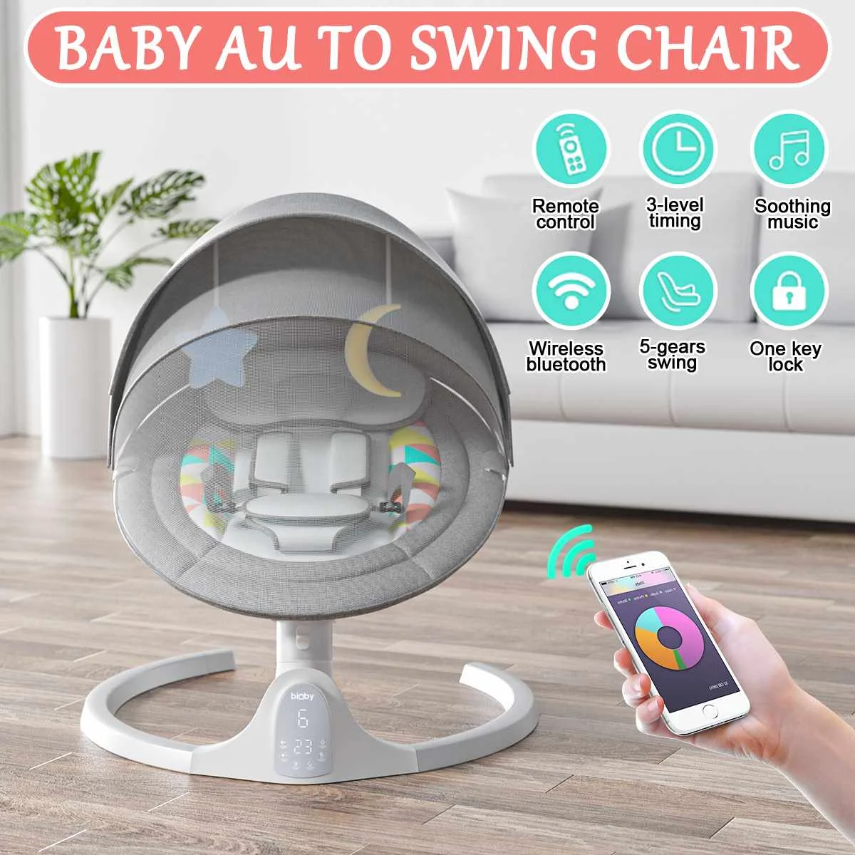 Bioby bebé música columpio eléctrico reclinable bebé Auto columpio silla  con Control remoto seguro cinco puntos