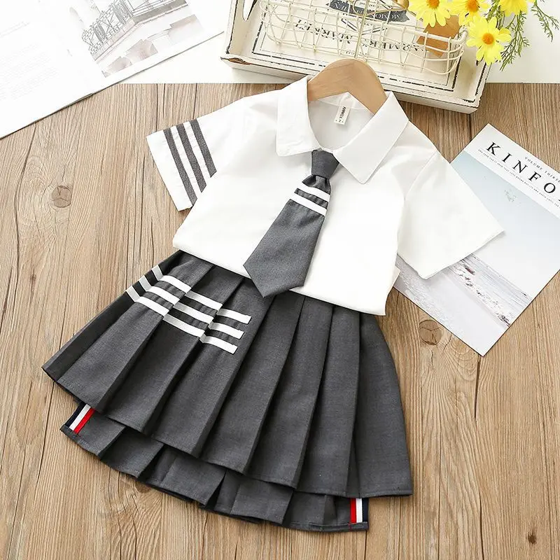 

Teenage New Girls Skirt 4-14 Years Suit 2023 Summer New Dress Girls T-Shirt + Plaid Pleated Skirt Two-Piece College Style Skirt
