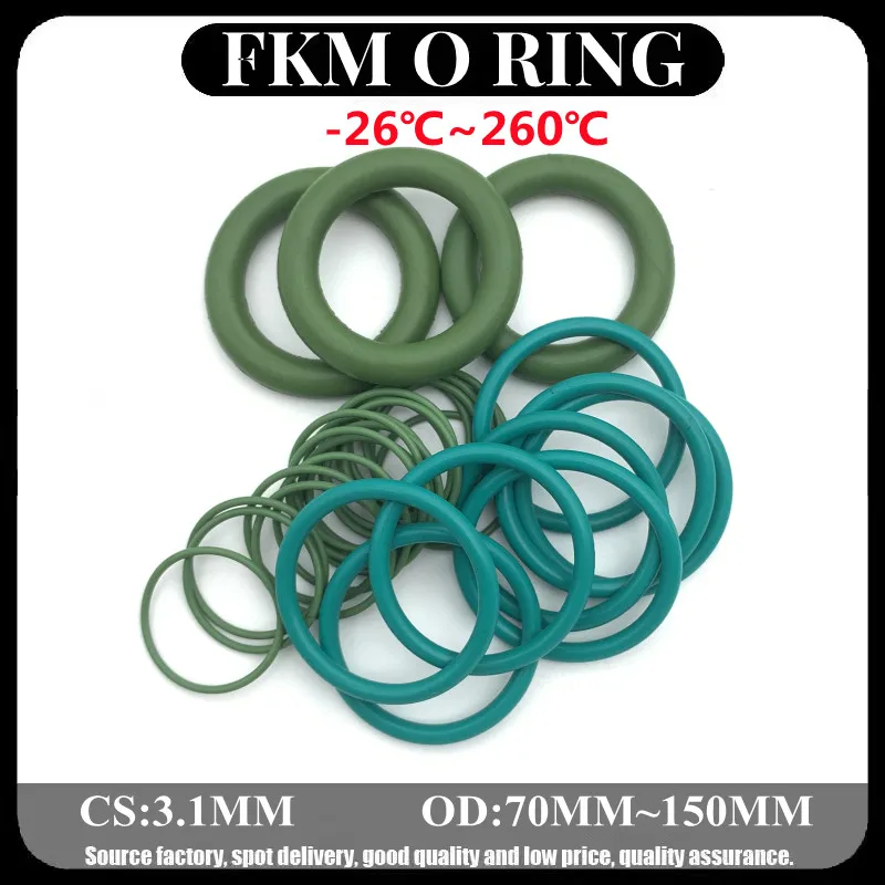 

10pcs Green FKM Fluorine Rubber O Ring CS 3.1mm OD70mm ~ 150mm Sealing Gasket Insulation Oil High Temperature Resistance Green