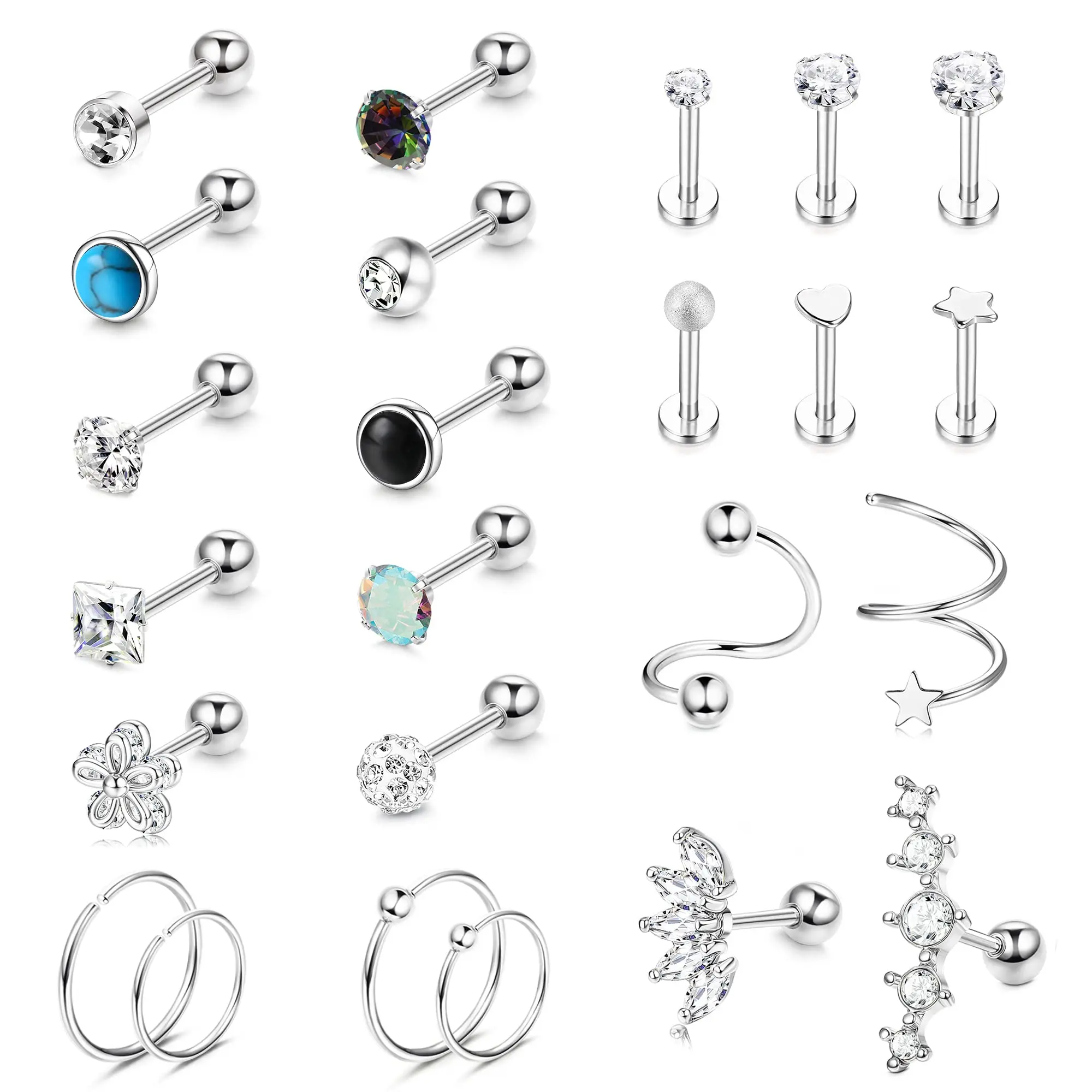 Beaupretty 20 Anelli Al Naso In Metallo Perno Dritto – Piercing Minimalista Per Donna, 6x6x1.6 Cm, Trasparenti