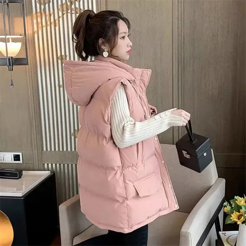 

2021 New Down Cotton Vest Women Mid-length Cotton Padded Women Coat Loose Hooded Wild Women's Sleeveless Jacket Winter Parkas