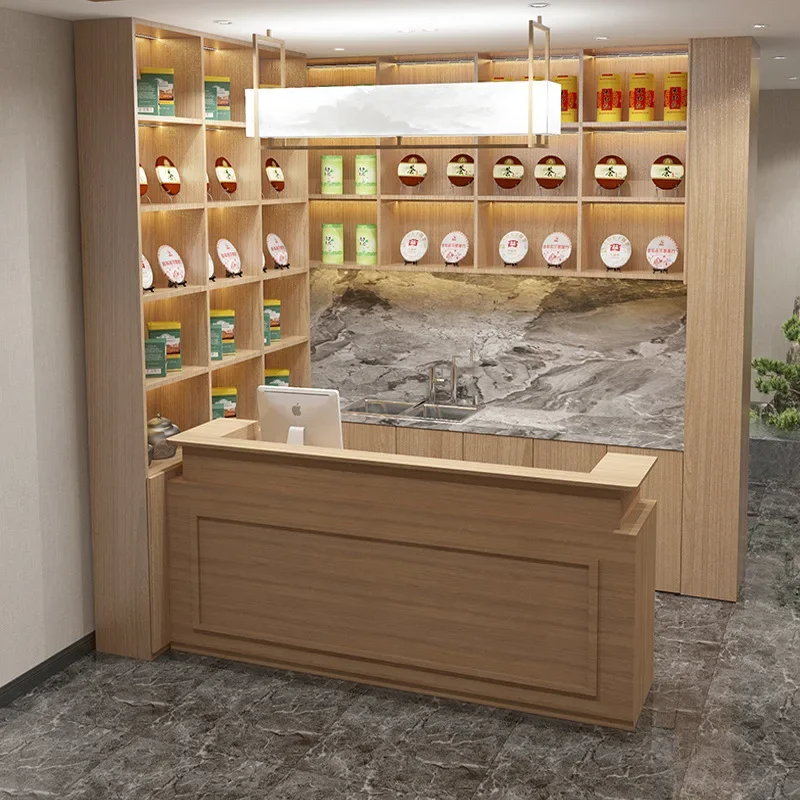 Commercial Checkout Counter with Wine Cabinet, Chinese Vintage Reception Desk, Support Customization, Suitable for Restaurants