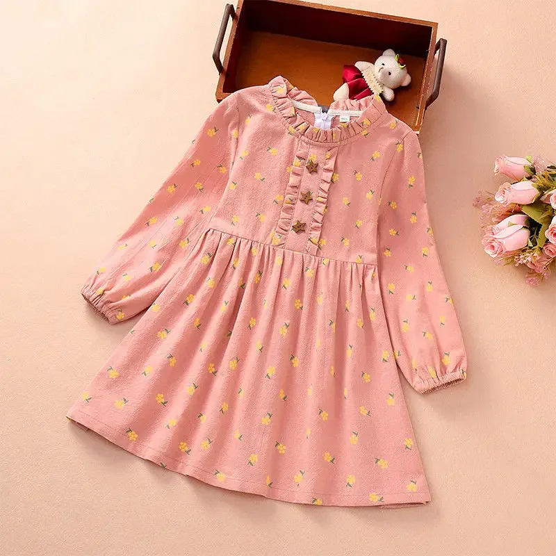 

2024 Girls Dress Cotton Spring Autumn Long Sleeve Casual Printed Flower Dresses For Girls Princess Kids Costumes 3 5 6 7 8 Year