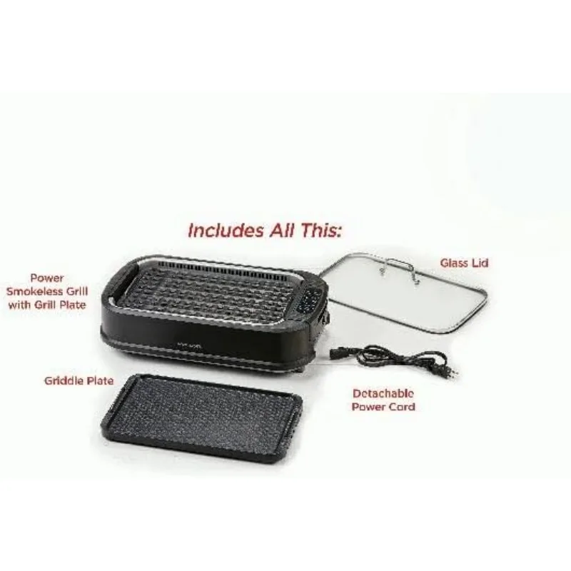 Smokeless Grill Family Size- with Tempered Glass Lid with Interchangeable Grill and Griddle Plate 22.1” X13.2” X 6.1 5