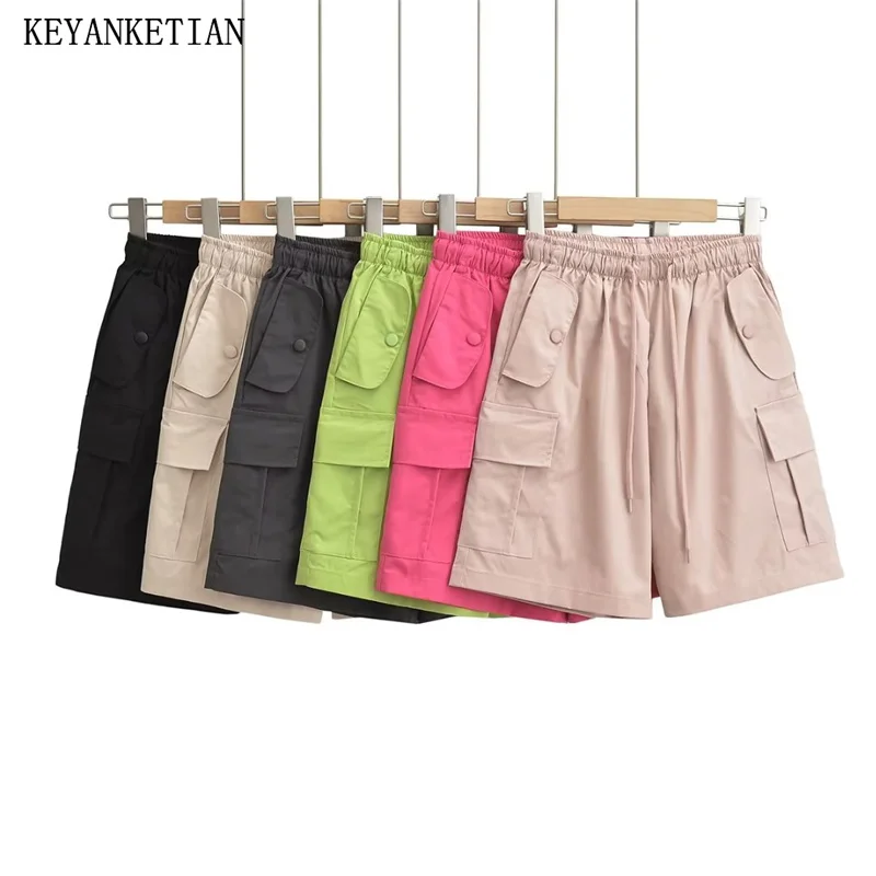 

KEYANKETIAN New Summer Pocket Embellished Stretch High-Waisted Women Shorts Solid Casual Wide-Leg Pants Quick-Drying Trousers