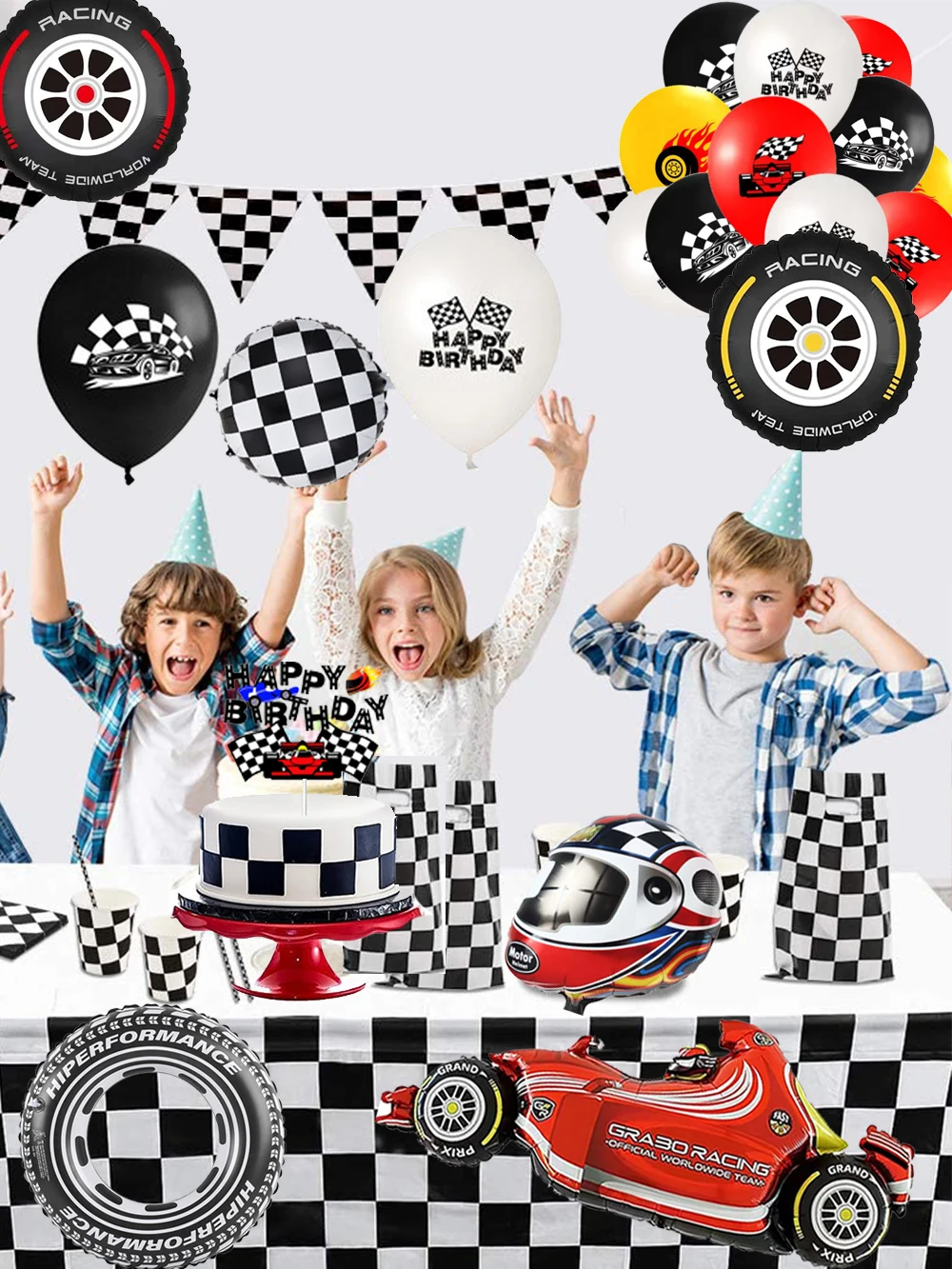 Rennwagen-Party, alles Gute zum Geburtstag, Banner, Folien-Auto-Räder, Luftballons, Kuchendeckel für Jungen und Kinder, Formel-1-Rennparty-Dekorationszubehör – Detail 1