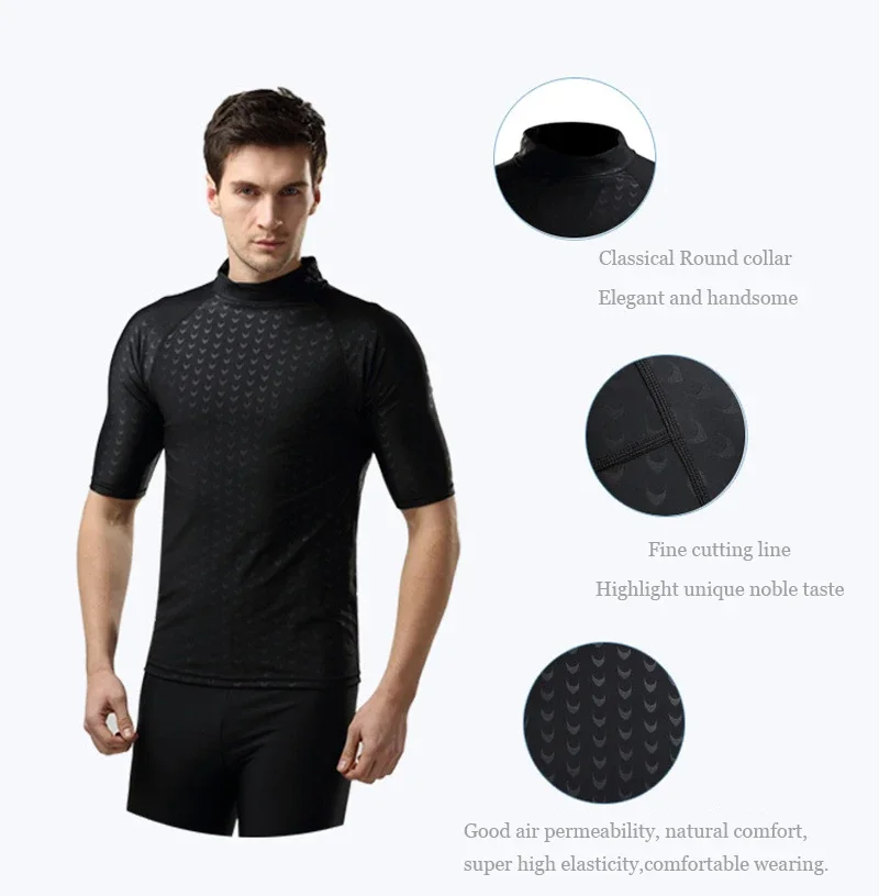 (L-6XL)Men Teens Short Sleeve Sharkskin Swimsuit Set Swimming Shirt+Shorts Surfing Diving Beach Quick-Drying Tight Swimwear