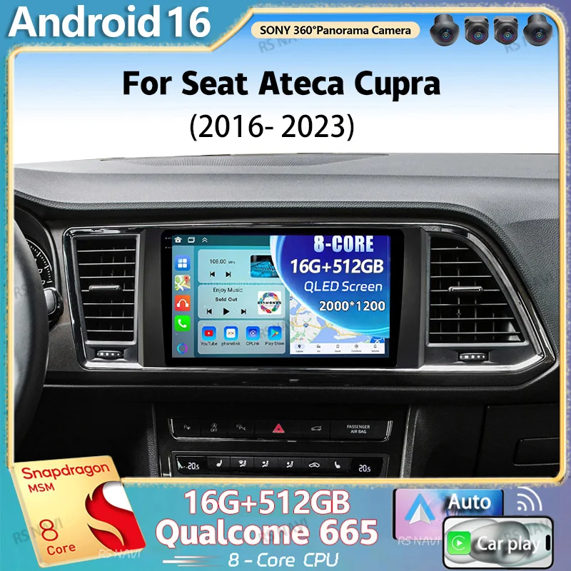 Radio Multimedia Android 16 para Seat Ateca Cupra 2016-2023, Reproductor de Video 2K QLED, GPS, Voz AI, CarPlay, 4G, Estéreo 1