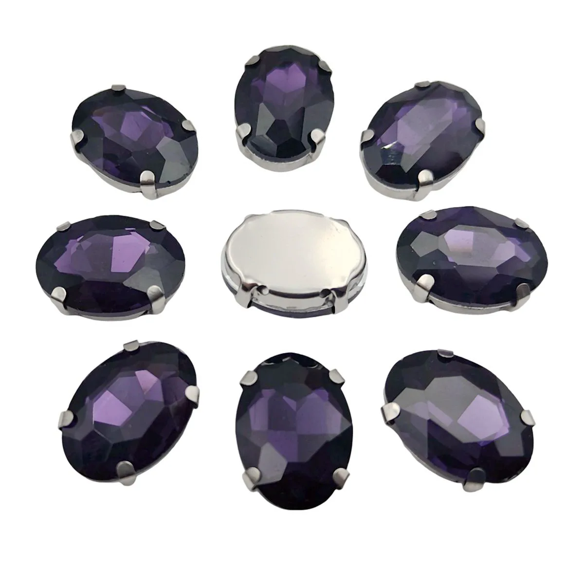 Oval Glass Rhinestones with Claw Setting on Silver Metal Base