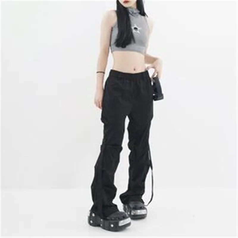 Y2K Casual Women's Wide Leg Elastic Waist Pants  Spring Korean Streetwear Oversized High Waist Joggers Grey Pleated Trousers