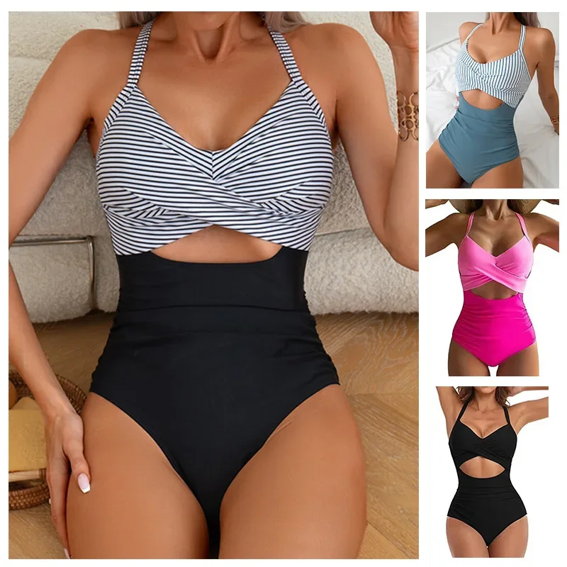 Pre-Order Black Stripe Plus Size Knot Cutout Ruffle Sleeve and High Waisted 2pcs Swimsuit main image 1