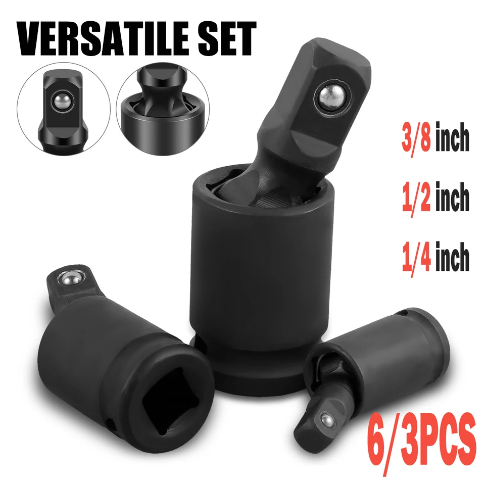 thumbnail interactive-video image 1 of 3pcs Impact Universal Joint Socket Set Swivel Hand Tools U Joint 1/4 1 of 9