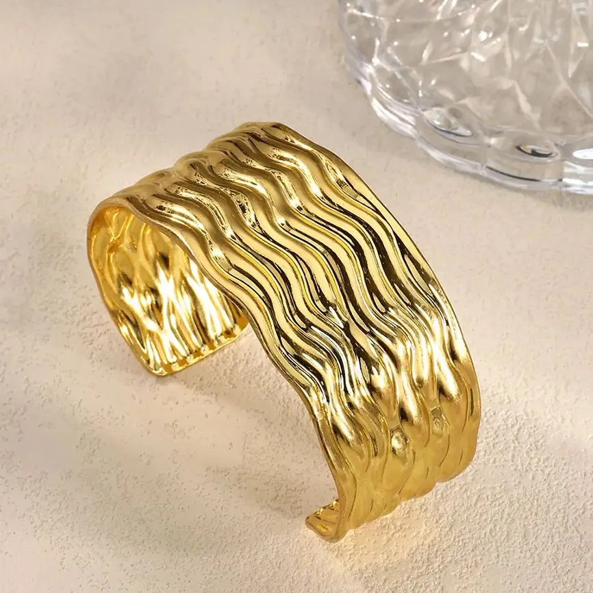 Stainless Steel Wide Wave Cuff Bracelet For Women Christmas Jewelry