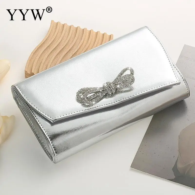 

Luxury Designer Women Handbag Crystal Shiny Rhinestone Bow Evening Bag Dinner Party Silver Clutch Purse Shoulder Messenger Bag