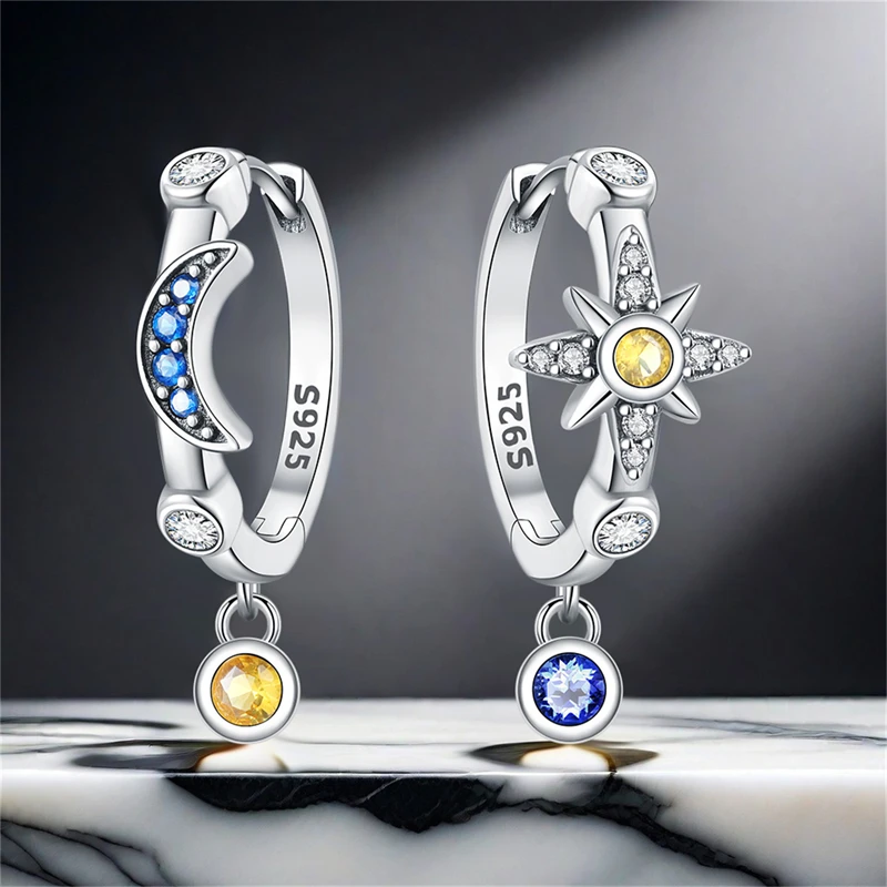 Echte 925 Sterling Silber Creolen bunte Zirkon helle Sternen himmel Ohrringe Frauen Verlobung Hochzeits feier Silber Schmuck – Detail 12