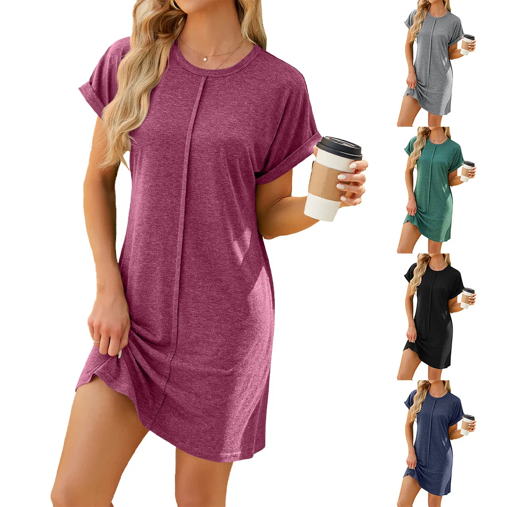 

Women's Short-Sleeved Loose Dress, Round Neck, Monochromatic, Spring, Summer