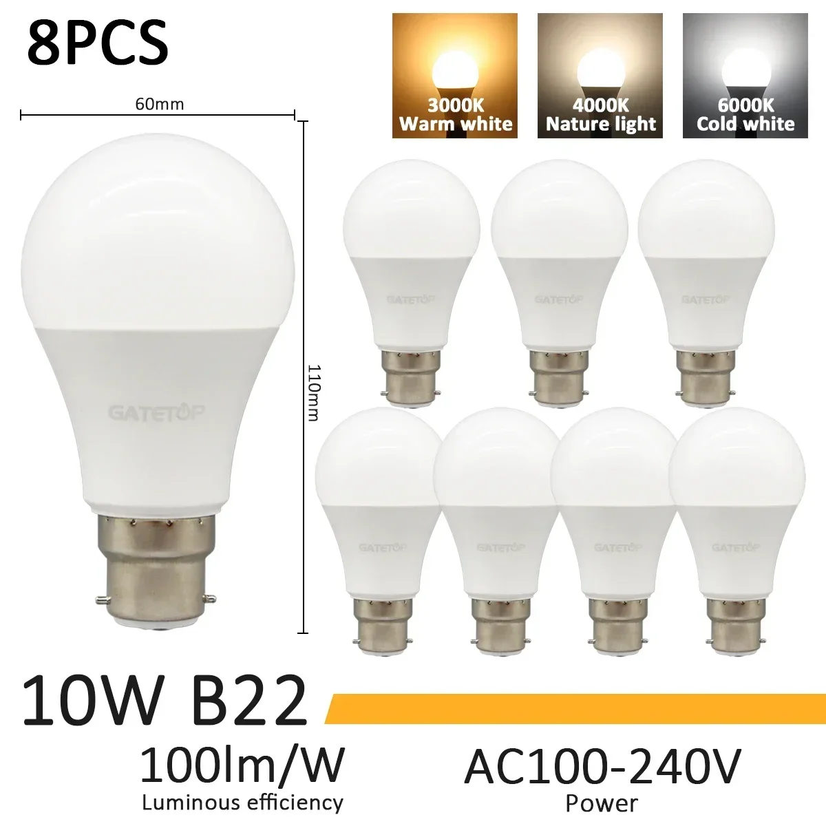 8pcs 10W B22