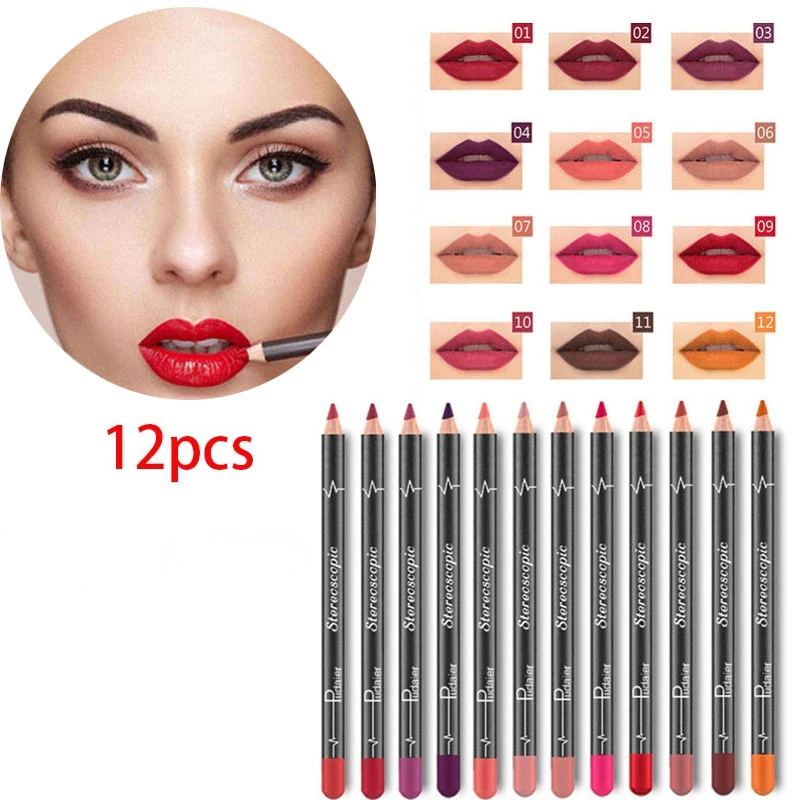 12 Pcs 1Set Sexy Matte Lip Stick Lipliner Lip Liner Pencil Matt Nude