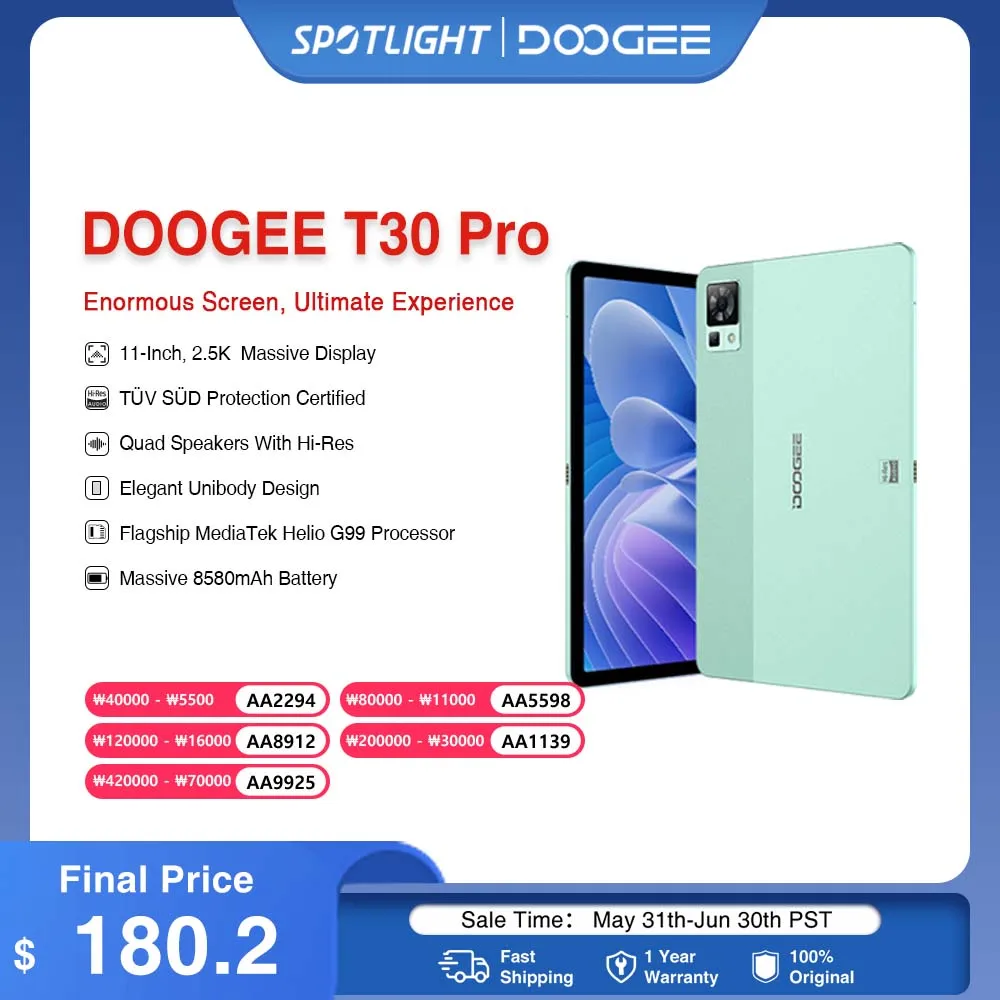 DOOGEE T30 프로 태블릿, MediaTek Helio G99, 11 인치, 2.5K TUV 인증, 8GB + 256GB, 8580mAh, 20MP 메인 카메라, 안드로이드 13, 월드 프리미어 Best Top5 DOOGEE T30 프로 태블릿, MediaTek Helio G99, 11 인치, 2.5K TUV 인증, 8GB + 256GB, 8580mAh, 20MP 메인 카메라, 안드로이드 13, 월드 프리미어 Best Top5