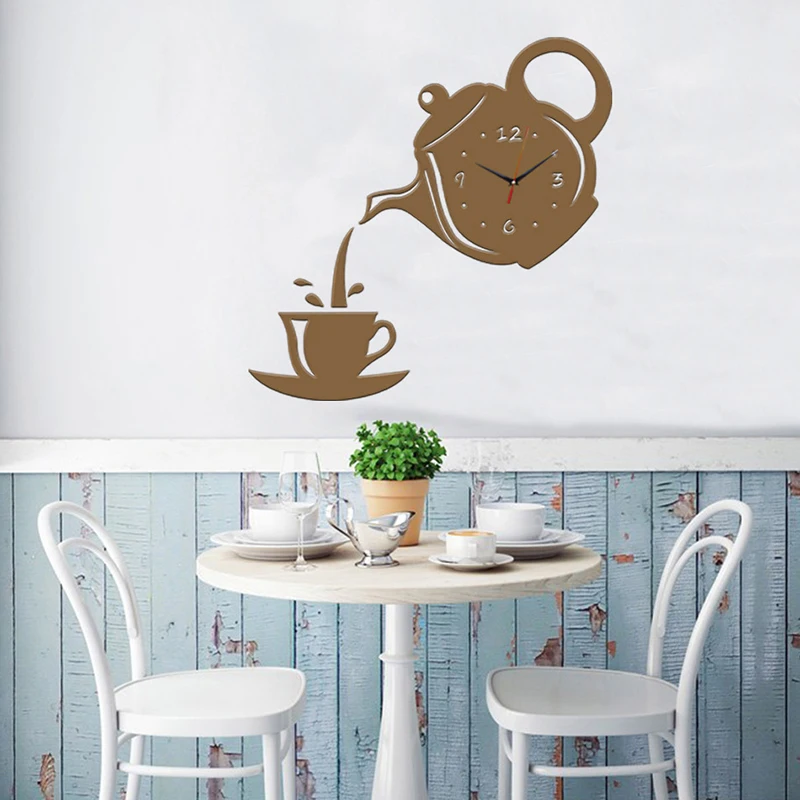 3D DIY Teapot Shape Wall Clock Acrylic Mirror Clock Modern Kitchen Home Decor Wall Sticker Hollow Digital Watch