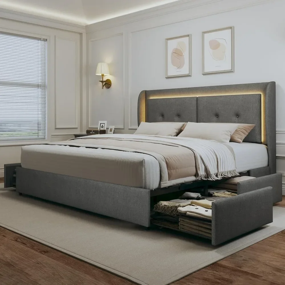 King Bed with Padded Wing Headboard & Mattress Support main image 1