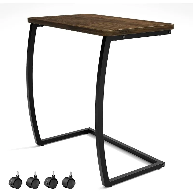

SRIWATANA Side Table, C-Shaped End Table with Rolling Wheels,Rustic Sofa Couch Table for Laptop Coffee Snack, Dark Walnut