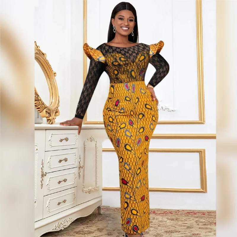 

Maxi Dresses Party Evening Dress African National Costume Sexy Perspective Long Sleeve Slim Round Neck Package Hip 2023 Vestidos