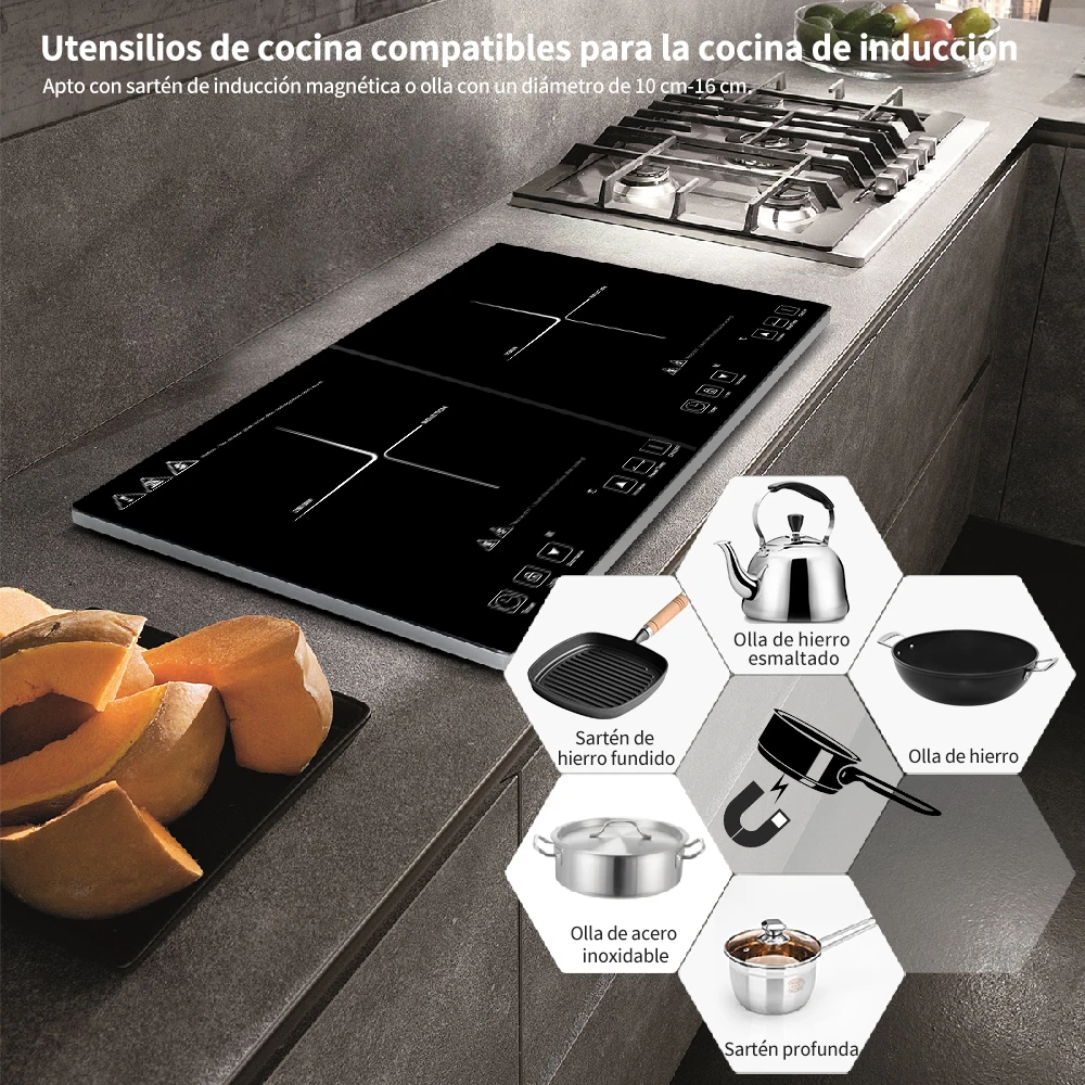 AMZCHEF-YL35-DC08 de cocina de inducción doble, Panel impermeable, 10  niveles de temperatura, 10 niveles de potencia, temporizador de 3 horas,  2800W / 3500w