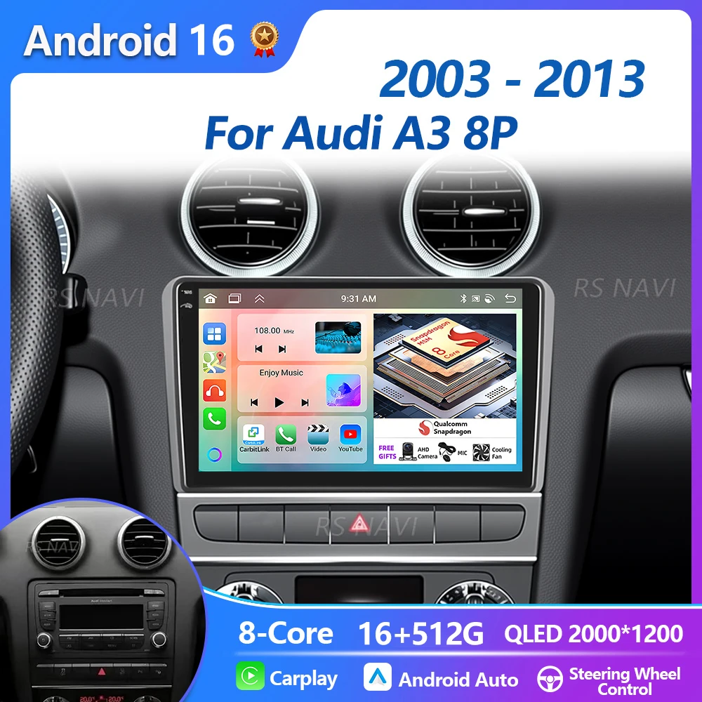 Autoradio multimediale con navigatore GPS Android 16 Carplay Plug and Play per Audi A3 8P 2003-2013, stereo con video.