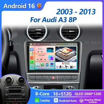 Autoradio multimediale con navigatore GPS Android 16 Carplay Plug and Play per Audi A3 8P 2003-2013, stereo con video.