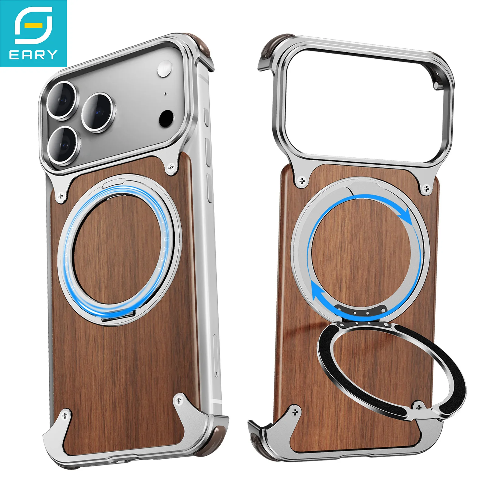 Eary Wood Phone Case with 360° Rotation Magnetic Stand and Shockproof Solid Wooden Frameless Bumper