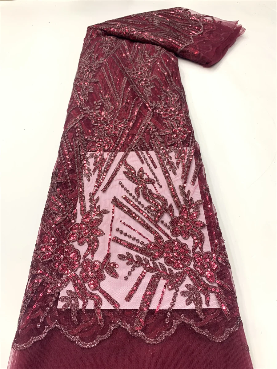 

Wine African Sequins Lace Fabric 2023 5 Yards High Quality French Nigerian Groom Lace Fabric For Sewing Dress Wedding Party