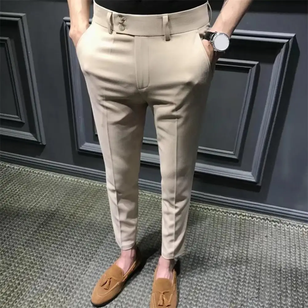 Men Blazer Pants Anti-wrinkle Mid Waist Men Ninth Pants Young Style Men Casual Ninth Suit Pants Pockets Business Long Trousers 2